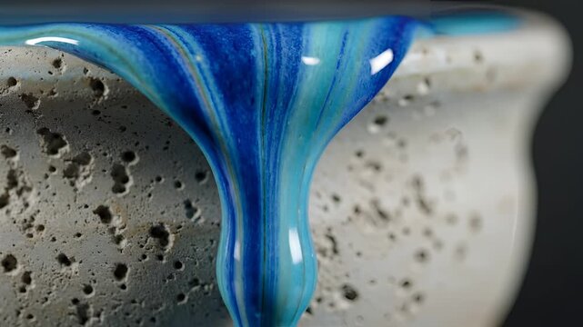 Closeup of Blue Glaze Dripping on Textured Ceramic Surface.
