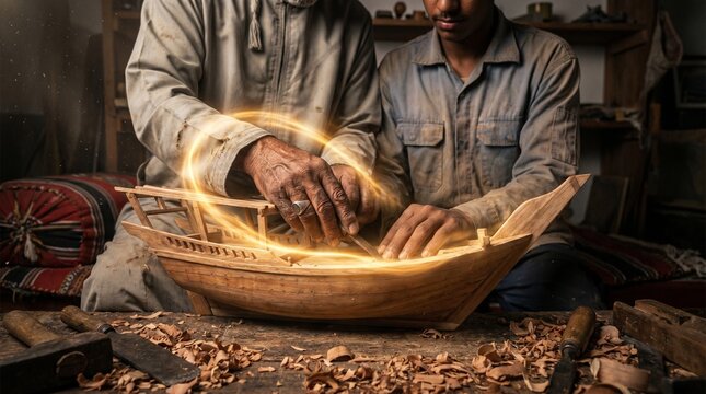 An artisan teacher guiding a student's hands to carve a wooden Dhow with a glowing golden aura, representing the Pygmalion Effect and mentorship.
