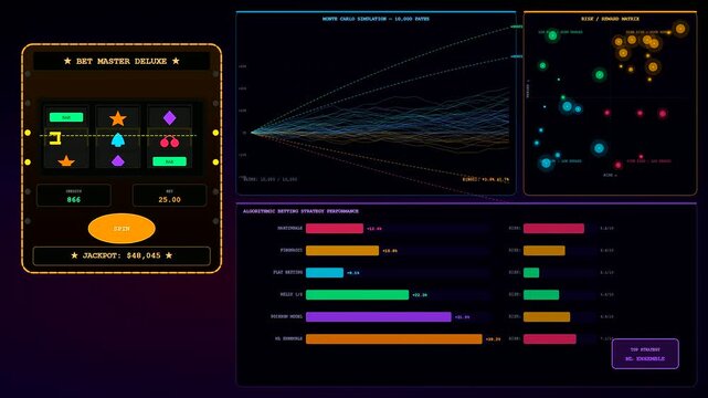 An intricate digital dashboard for sports betting analytics showcasing real time algorithmic simulations with dynamic data visualization and predictive risk matrices in neon dark aesthetics