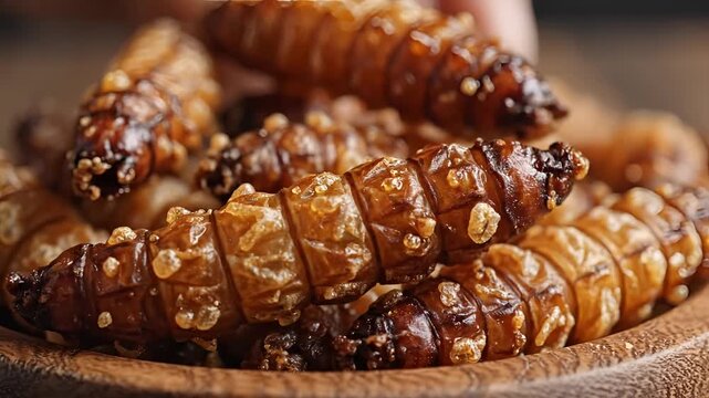 Closeup of Delicious Fried Insects in a Wooden Bowl.