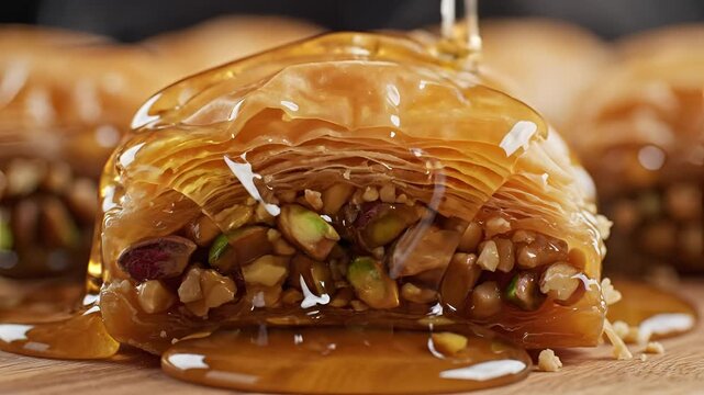 Delicious Baklava Drizzled with Golden Honey on a Wooden Surface.