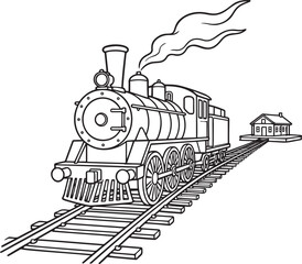 Vintage steam locomotive on railroad tracks with smoke and a small station house in the background, coloring book style vector illustration © IDR TAO