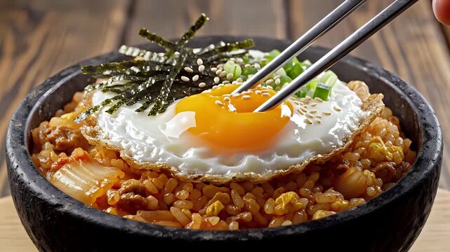 Delicious Korean Kimchi Fried Rice with Fried Egg and Seaweed.