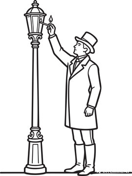 Vintage Lamplighter Lighting Antique Street Lamp Victorian Style Line Art Vector Illustration