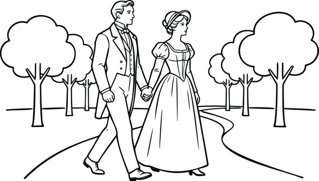 Victorian Era Couple Strolling in Park Line Art Coloring Page, Historical Man and Woman in 19th Century Dress Holding Hands on Garden Path Vector Illustration