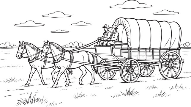 Old West Pioneer Covered Wagon Illustration, Two Men Driving Horse-Drawn Carriage Across Prairie Landscape, Historical Vector Art for Coloring Page