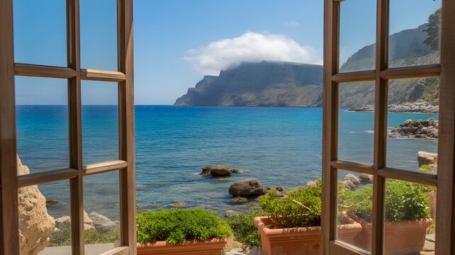 Serene ocean view through a window with potted plants on a sunny day