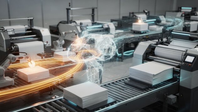 Medium shot focusing on dynamic AI software coordinating rush print orders to accelerate job sequencing under tight deadlines.