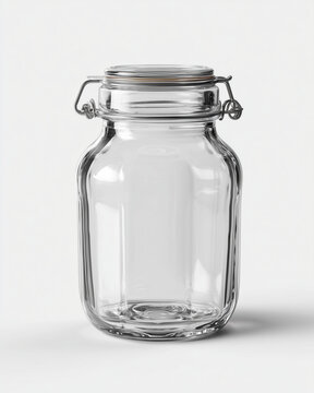 Empty glass jar with airtight metal latch lid on a white background