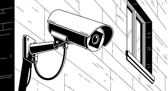Isometric View of Security Camera Mounted on Brick Wall