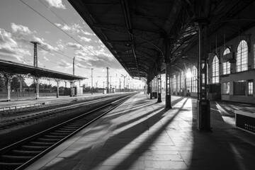 Fototapeta premium Sunbeams cast long shadows on an empty, historic train station platform