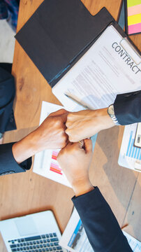 Vertical Business Partner using laptop online meeting team Partnership businesspeople talking together. Vertical Business Partner using digital tablet meeting team business Partnership office desk