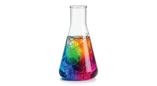 Single erlenmeyer flask containing multi-colored liquids showing a rainbow gradient isolated on a white background laboratory glassware chemistry