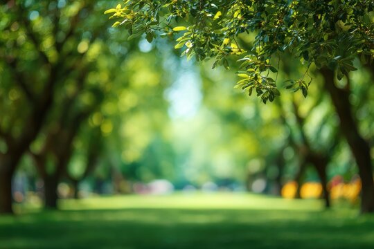Lush green trees line a sunny, blurred pathway creating a serene, inviting park scene