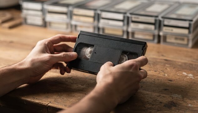 Medium shot of staff carefully handling a VHS tape on a wooden workbench with labeled output cases blurred in the background for digitization service.