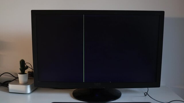 Close up broken monitor with horizontal line on black screen technical failure display error minimal dark scene technology problem concept