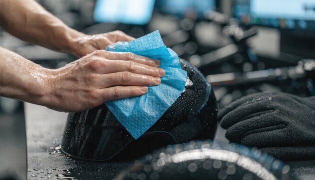 Closeup on hands wiping rental gear with chemical disinfectant wipes ensuring thorough sanitization against blurred screens and tools.