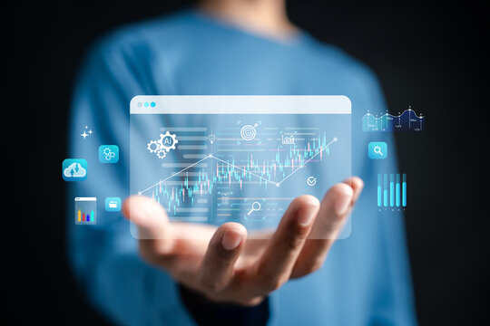 Person holding virtual dashboard with artificial intelligence chart. Stock market trading and data analysis concept.