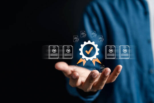 Person holding quality assurance certification and document digital icon. Compliance and standard business concept.