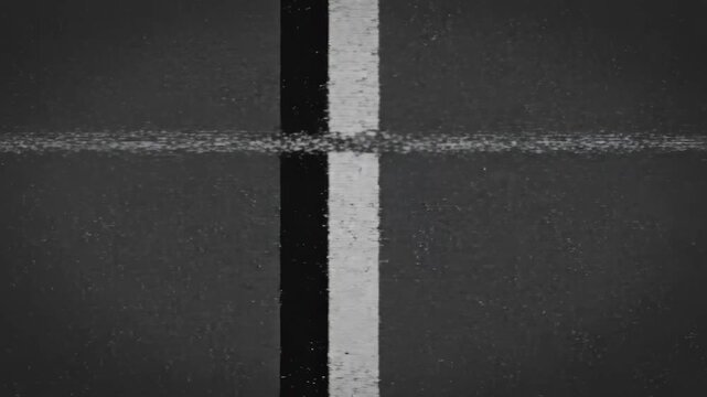 A distorted TV screen with a glitchy white line running down the center, conveying a sense of static and disruption.