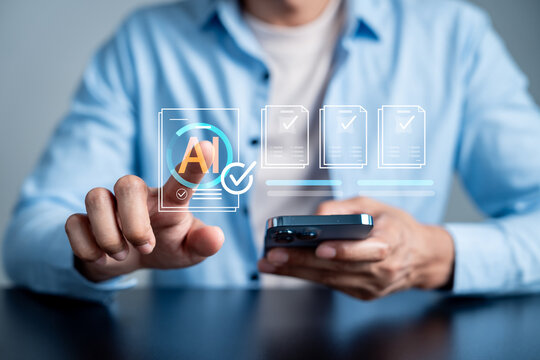 Person using smartphone with artificial intelligence document and checklist icon. Automated task and paperless concept.