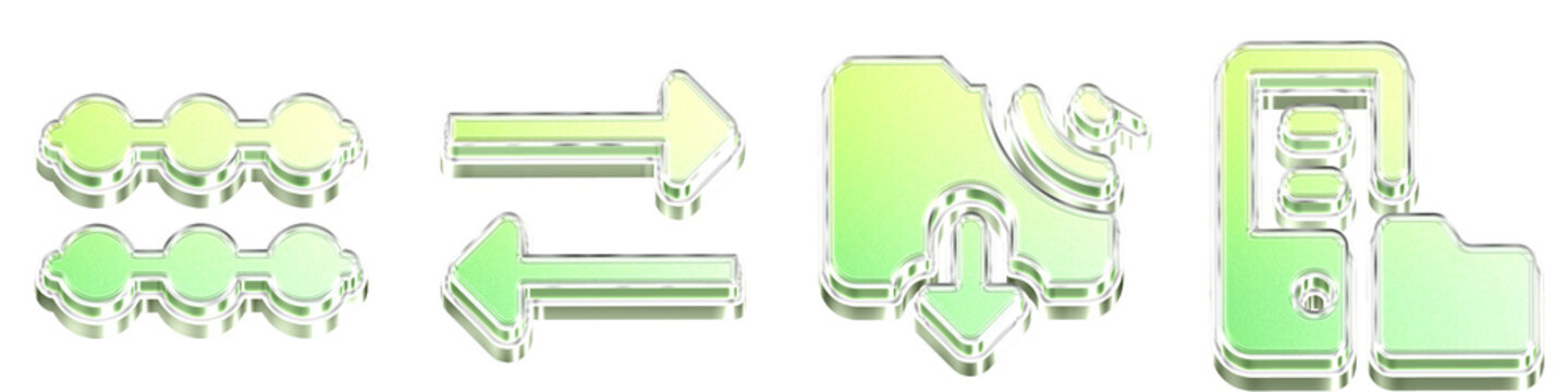 3D rendered hologram icon pack featuring connected no data, data in both directions, download from ftp, and ftp server. Data exchange icon collection and design. Modern icon.