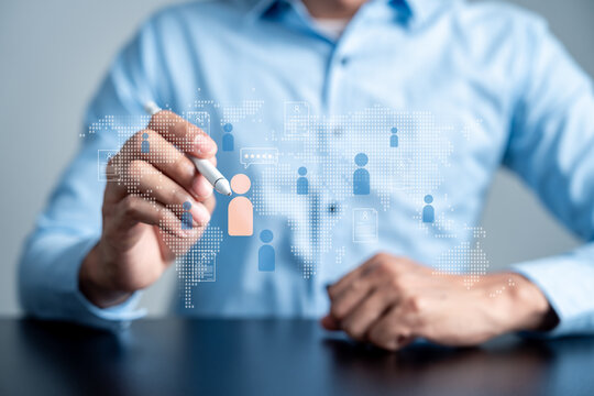 erson using stylus with global human resources and candidate icon. International recruitment and talent acquisition concept.