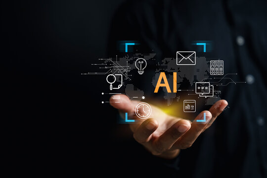 Person holding artificial intelligence and global network digital icon. Machine learning and digital transformation concept.