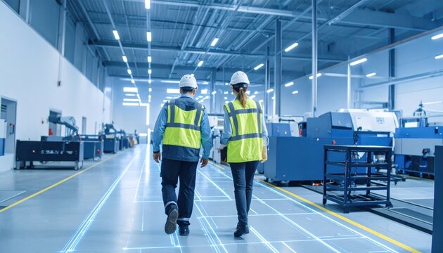 Two Industrial Engineers in Safety Gear Walking Through Modern Smart Factory Floor with Glowing Grid Lines
