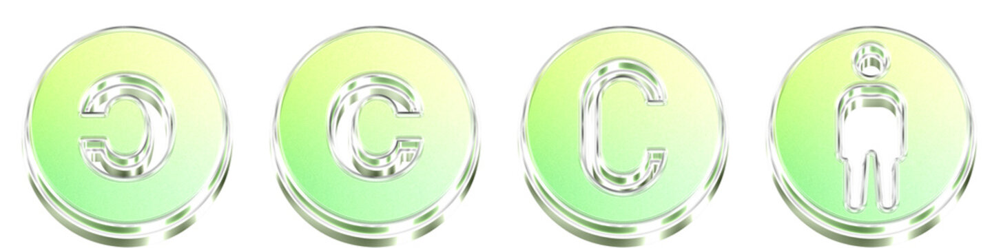 Isolated 3D translucent copyleft, copyright, creative commons all rights reserved, and creative commons by icons with coral pink gradient. Copyright icon collection and design.