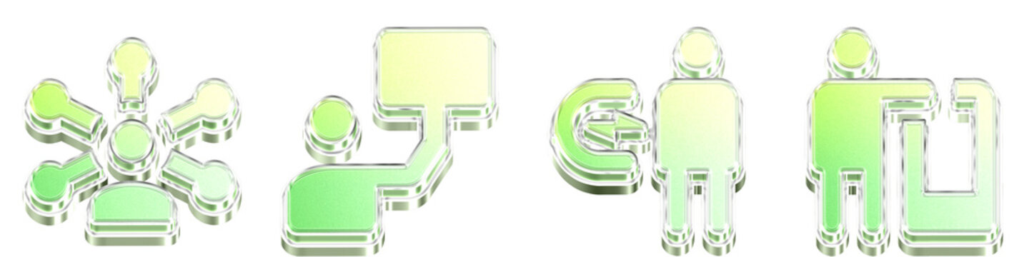 3D chrome icon set - customer insights manager, demand, engage, and exhibitor. Business corporate operations and professional management. 3D illustration on transparent background.