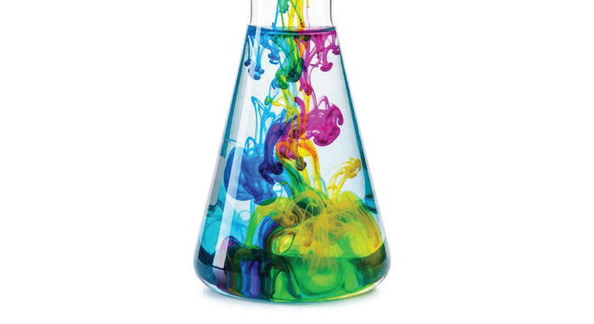 Abstract colorful ink diffusion in erlenmeyer flask science experiment visual white background abstract colorful diffusion laboratory chemical