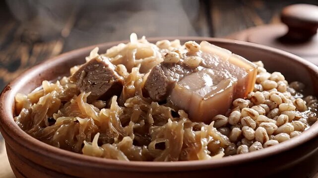 Hearty Stew with Meat and Beans in Rustic Bowl CloseUp.