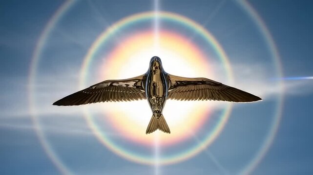 A golden bird flying against a bright sun with a beautiful circular halo effect in the sky.