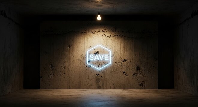 a dimly lit room with a sign on the wall that says save in white letters surrounded by a hexagon aba