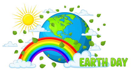Naklejka premium Earth day sun rainbow clouds green leaves and globe