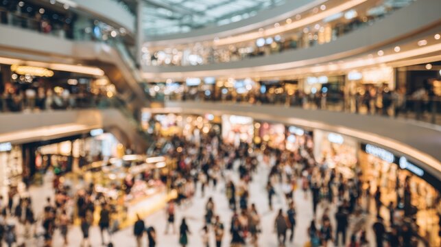 Abstract blurred photo of many people shopping inside department store or modern  shopping mall. Urban lifestyle and black Friday shopping, motion, speed, blurred, group, city, modern