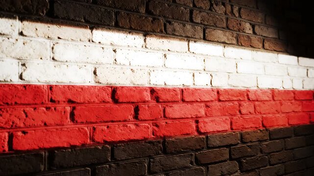 Polish Flag Painted on Textured Brick Wall with Dramatic Lighting.