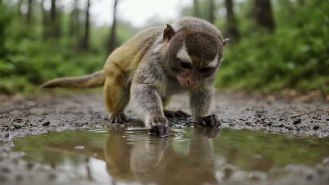 Curious Monkey Touching Puddle Water in Forest Nature Wildlife Footage