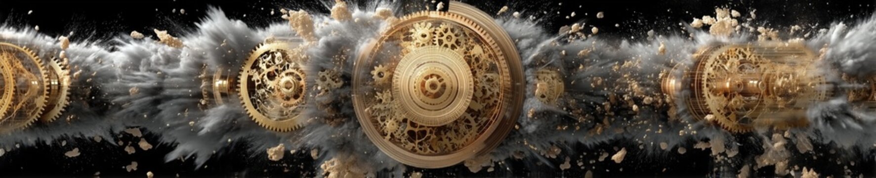 Exploded view of gold and silver luxury mechanical lock components floating vertically in mid air against a clean grey studio background with soft lighting shadows.