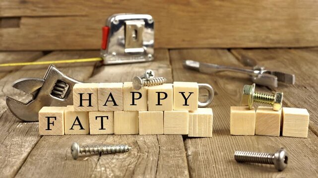 Happy Fathers Day blocks with tools on a rustic wood background. Stop motion video of appearing text.