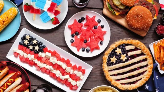 Fourth of July, patriotic, American themed food. Slow rotating zoom motion. Overhead view table scene on a dark wood background.