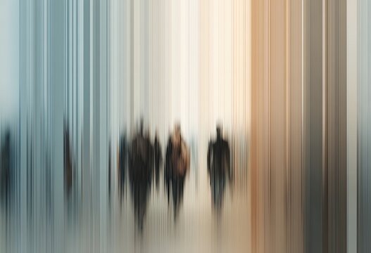 Blurred figures walk forward amidst abstract vertical lines of light and shadow