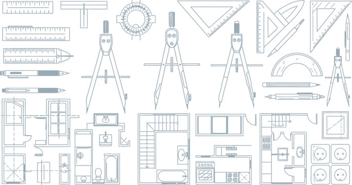 Minimalist drafting tools and floor plans vector set Vector