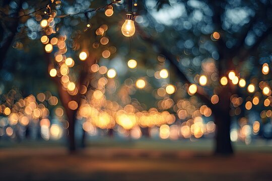 Warm, glowing string lights illuminate trees and create a magical atmosphere