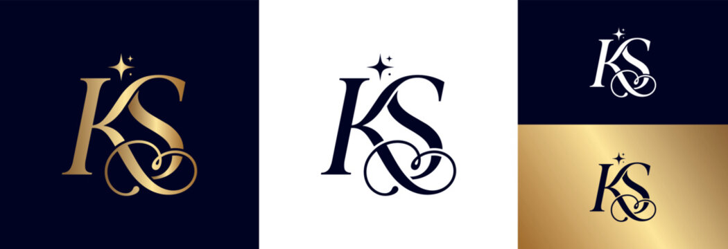 Luxury monogram letter ks logo design with stars and calligraphic flourish style.