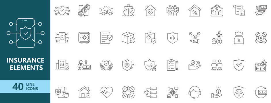 Insurance line icons set with health, life, property, car, travel protection symbols