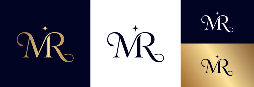 Classic mr monogram logo, black and white, clean calligraphy design.
