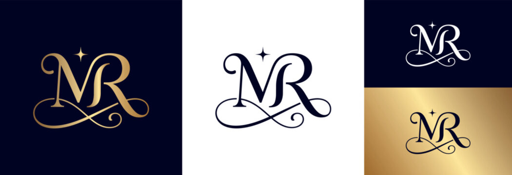 Elegant mr monogram logo, luxury gold and navy blue, calligraphy design.