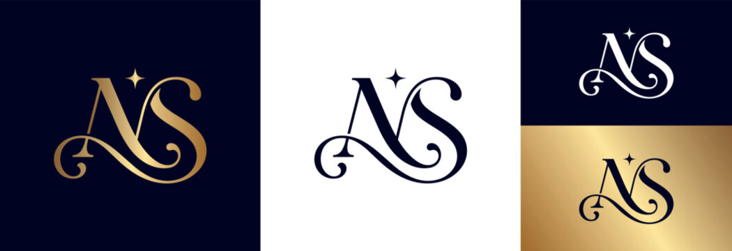 Chic NS monogram logo, gold gradient and dark blue, sophisticated design.